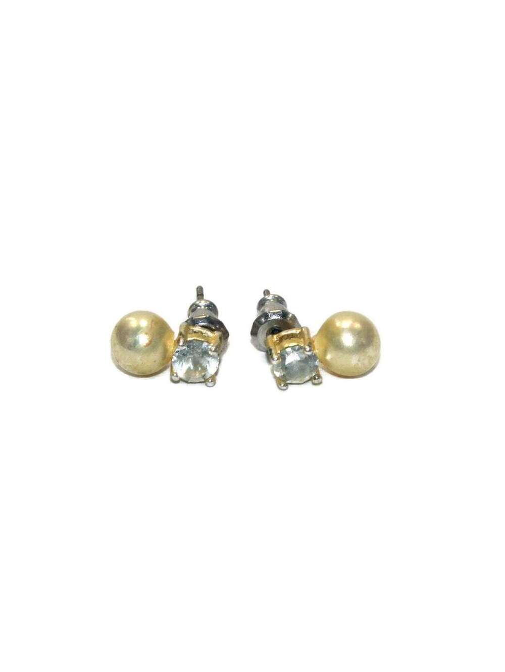 Vintage Gold Tone Faux Pearl and Rhinestone Stud Earrings.